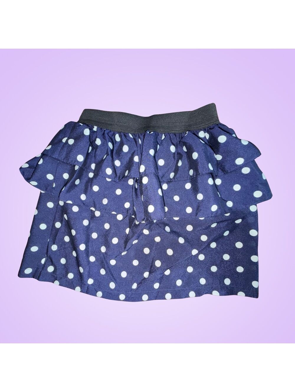 Juniors Medium Navy Blue White Polka Dot Multi Tiered Ruffle Elastic Skirt